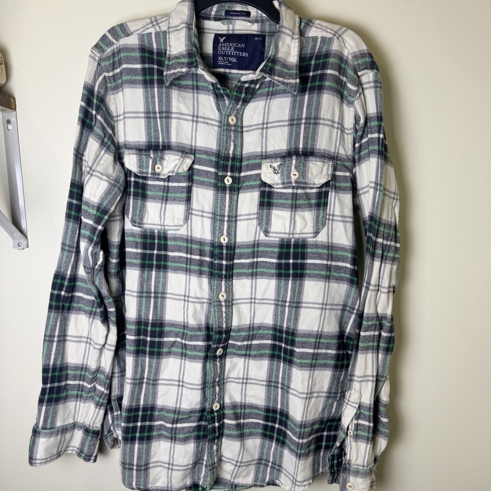 Y2K American Eagle Outfitters Flannel Shirt Mens XLT Green Plaid Athletic Fit